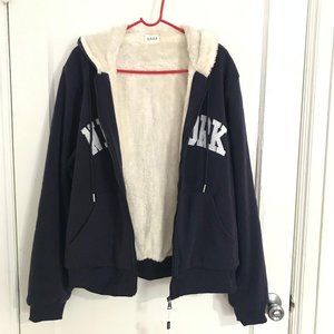 New York Men Winter Outwear Faux Fur-Lined Hoodie Heavy Jacket-Navy Blue Medium